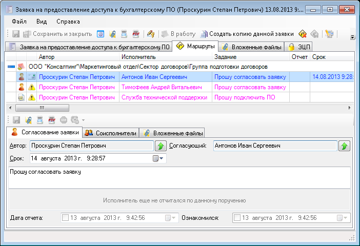 Маршрут движения подготовленной заявки